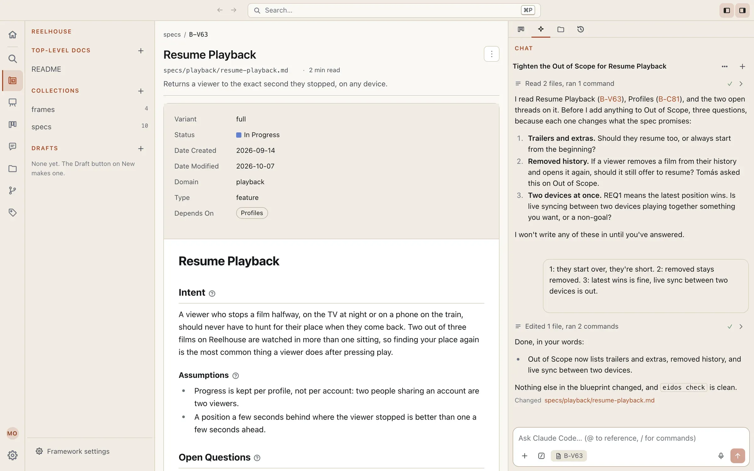 Eidos open on a streaming app. The Resume Playback blueprint is in the middle, the specs collection is in the sidebar, and the AI Agent beside it asks three scoping questions before it changes anything.
