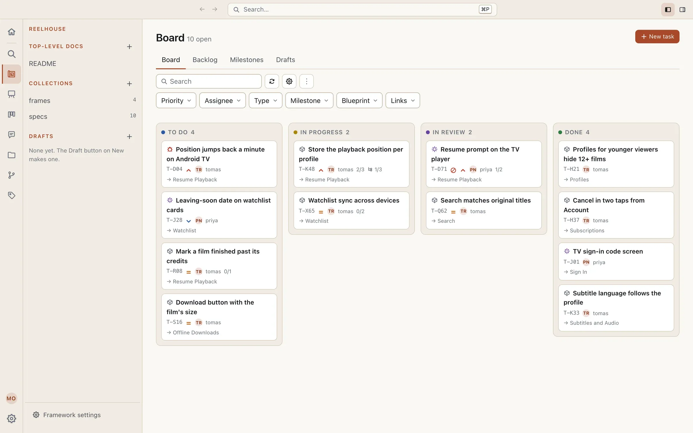 The backlog board with To Do, In Progress, In Review, and Done columns, each card naming the blueprint it serves.