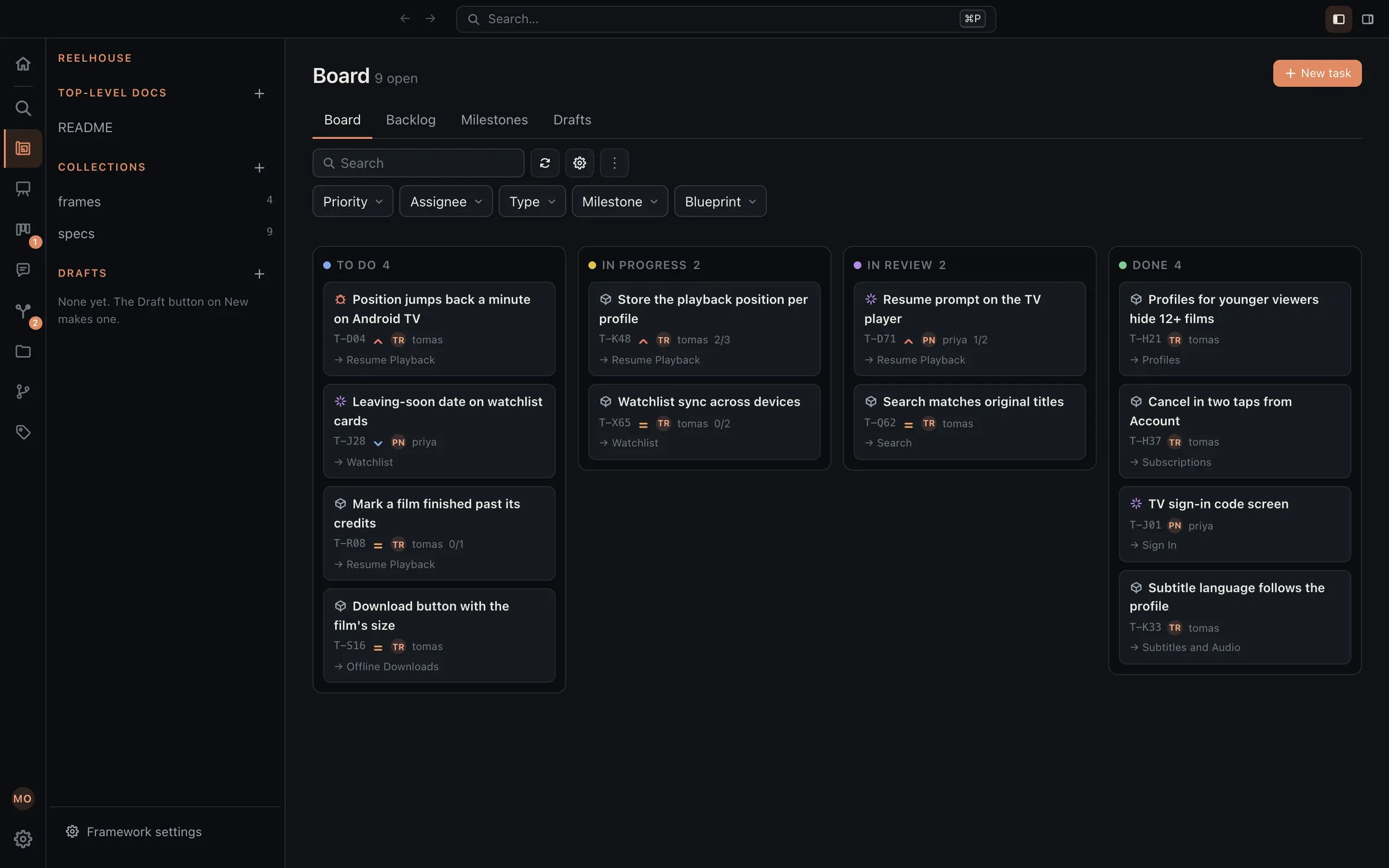 The backlog board with To Do, In Progress, In Review, and Done columns. Each card shows its type icon, its id, its priority, who it is assigned to, and the blueprint it serves.