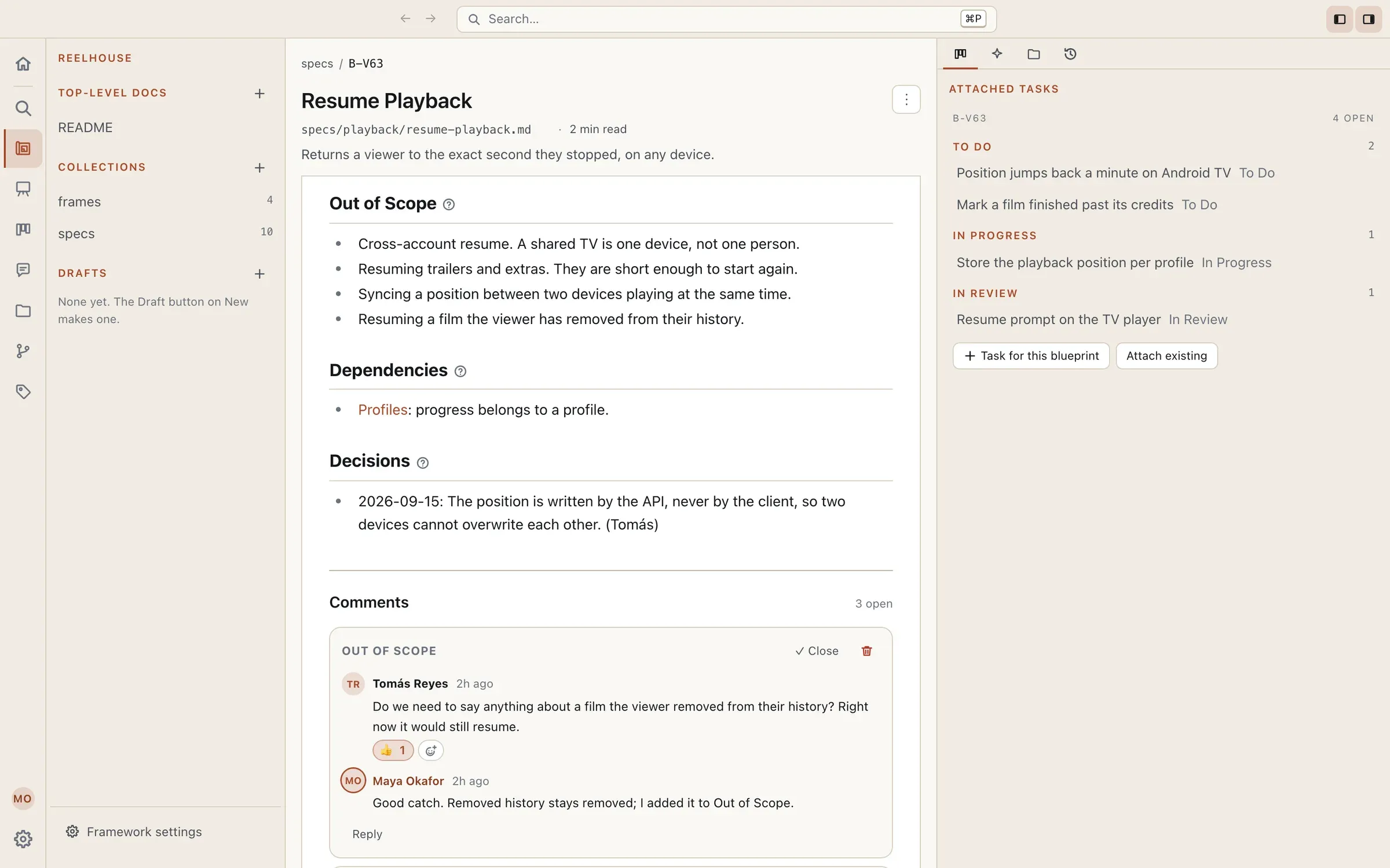 A blueprint at its Out of Scope section, a comment thread anchored there with a reaction, and the tasks attached to the blueprint in the side panel.