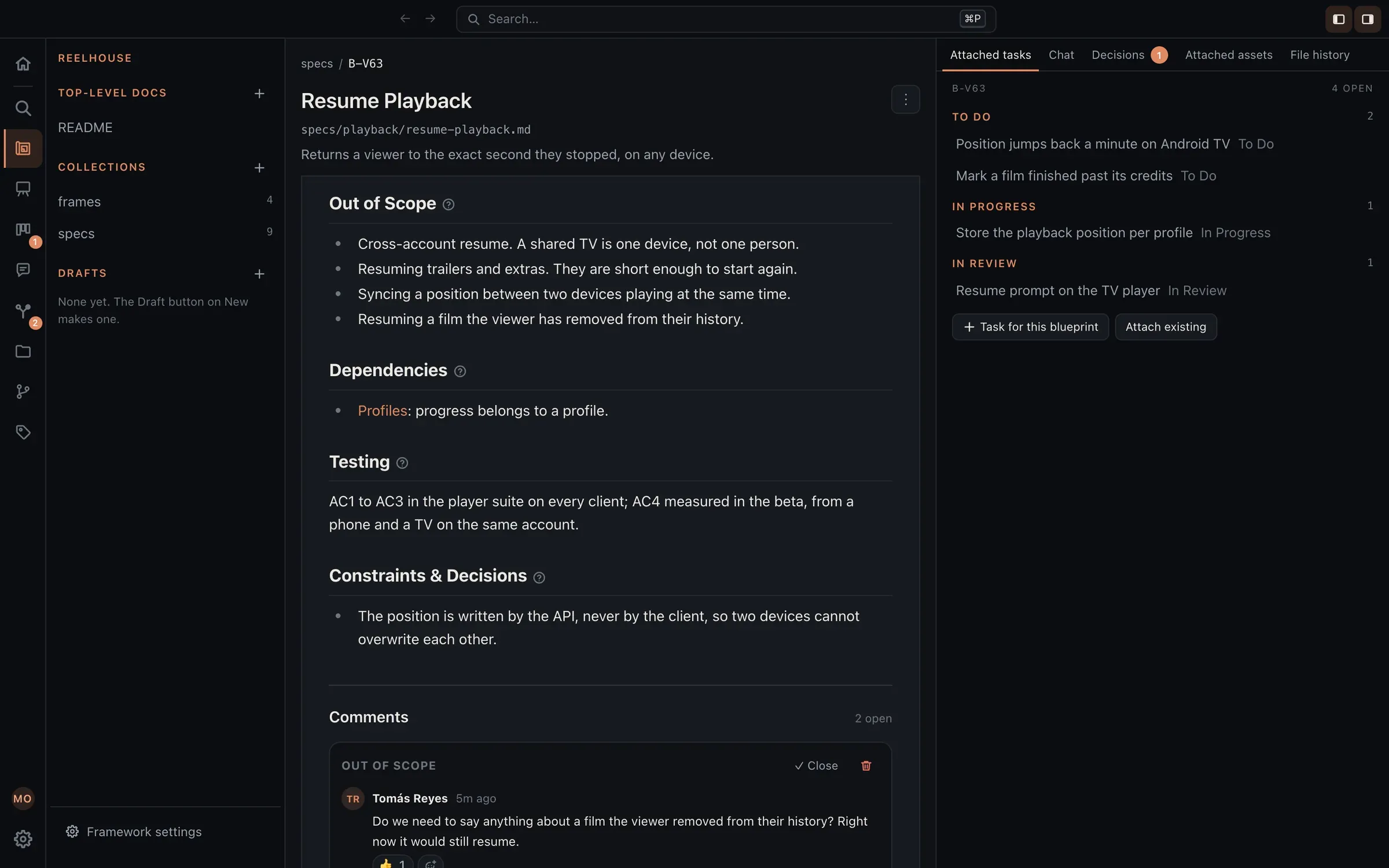 A blueprint at its Out of Scope section with a comment thread, and the side panel listing the tasks attached to it, grouped To Do, In Progress, and In Review.