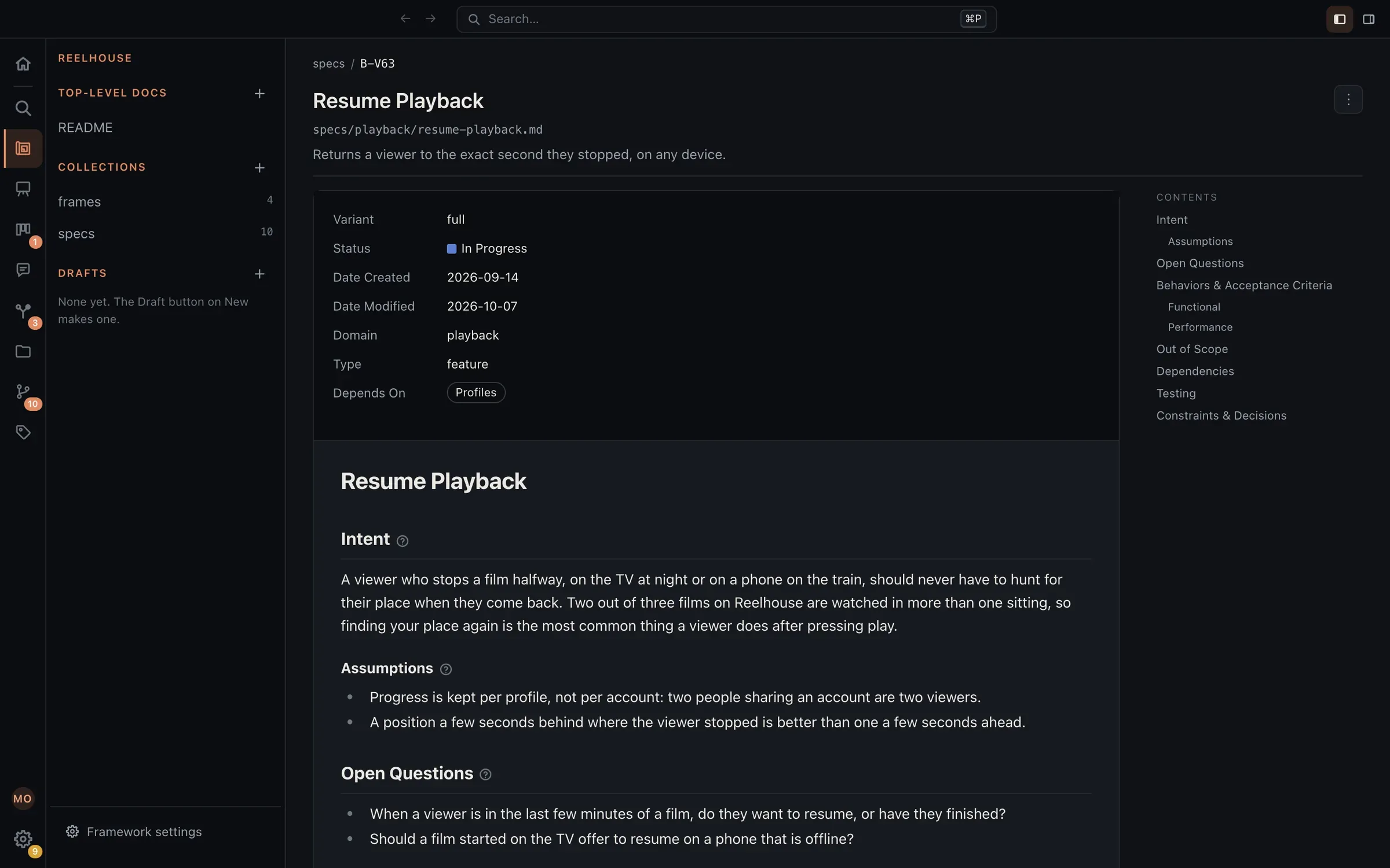 The Resume Playback blueprint open in Eidos: its id B-V63 and its path, a one-line summary, typed properties (variant, status, dates, domain, type, and a Depends On link to Profiles), then the body under the template’s headings, Intent, Assumptions, and Open Questions, with the sections listed down the right.