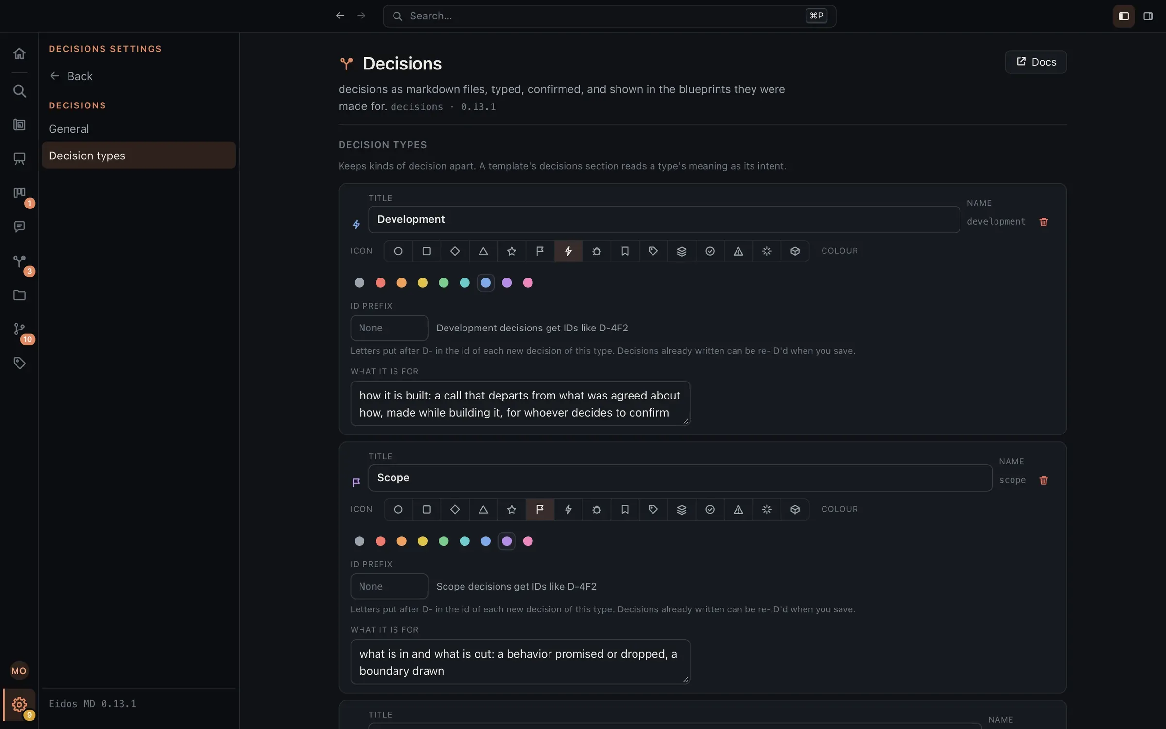 The Decision types settings: Development with a lightning icon in blue and Scope with a flag in purple, each with its colour, an optional ID prefix showing the id a new decision of the type gets, and what the type is for.