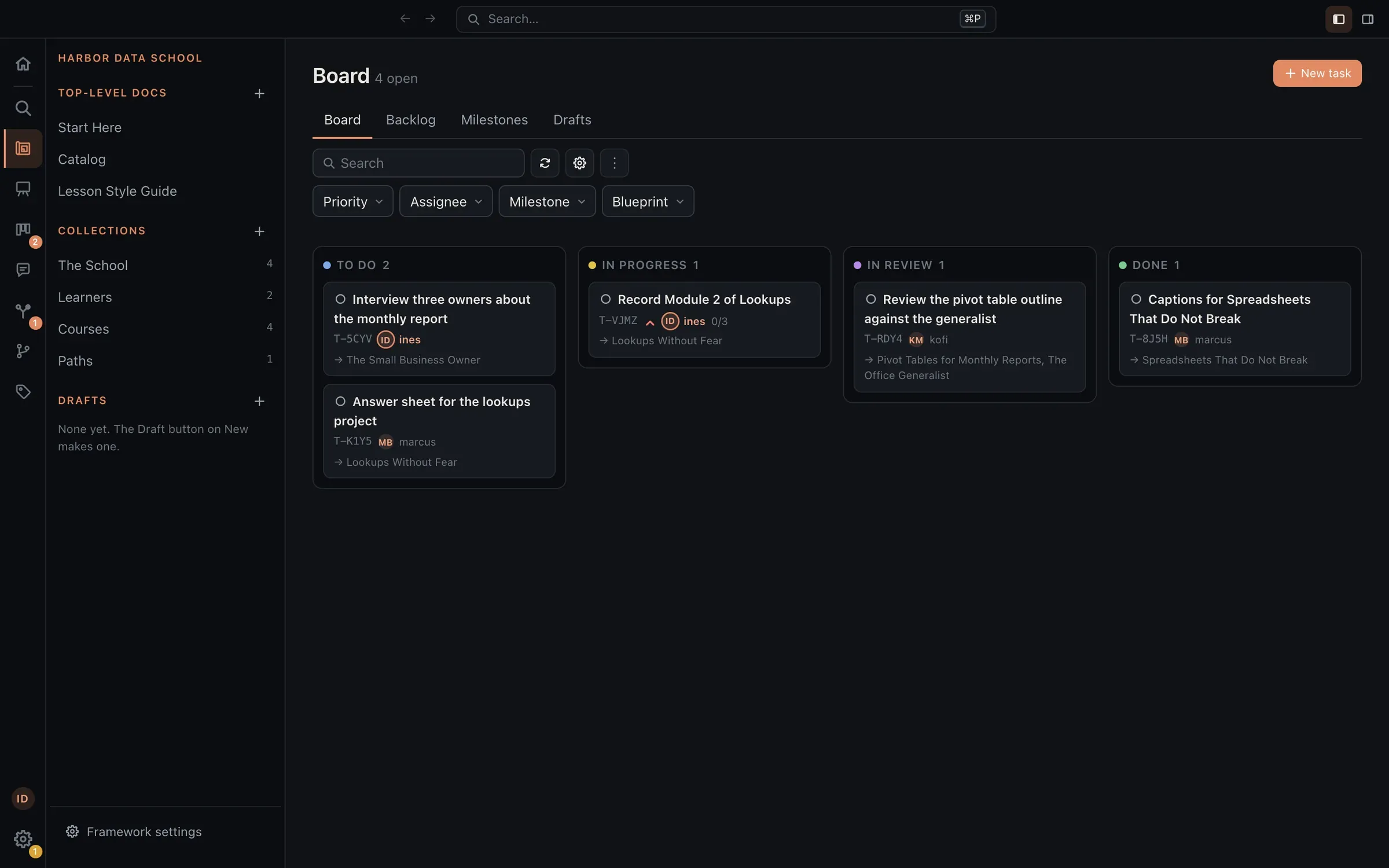 A production board for a fictional school: recording a module, an answer sheet, captions, and an outline review, each pointing at the course or learner page it serves.