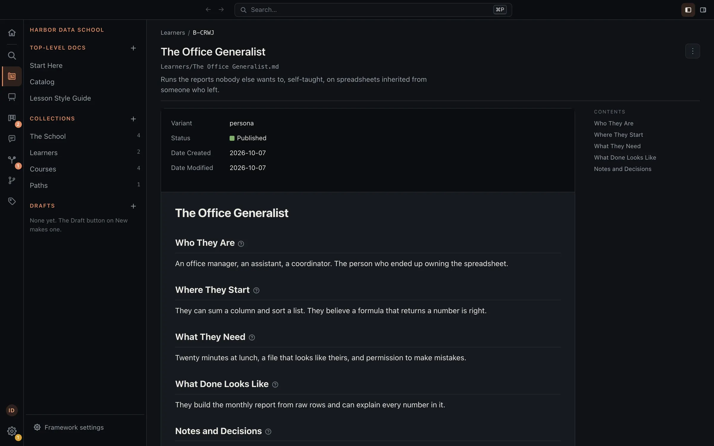 A learner page for The Office Generalist: who they are, where they start, what they need, and what done looks like.