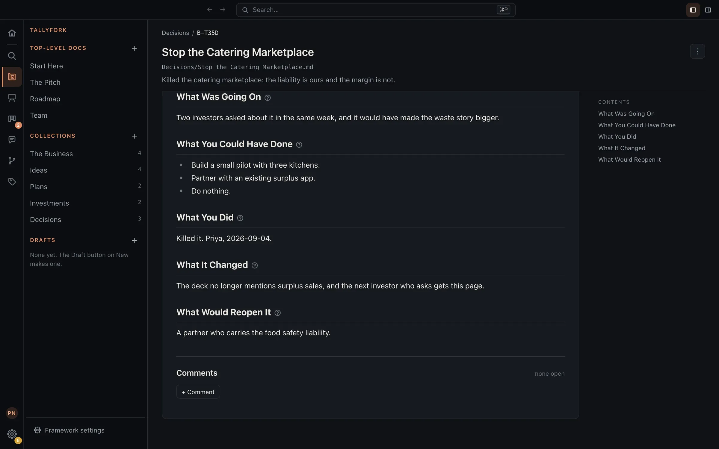 A decision page titled Stop the Catering Marketplace: what was going on, three options including doing nothing, what was done and by whom, what it changed, and what would reopen it.