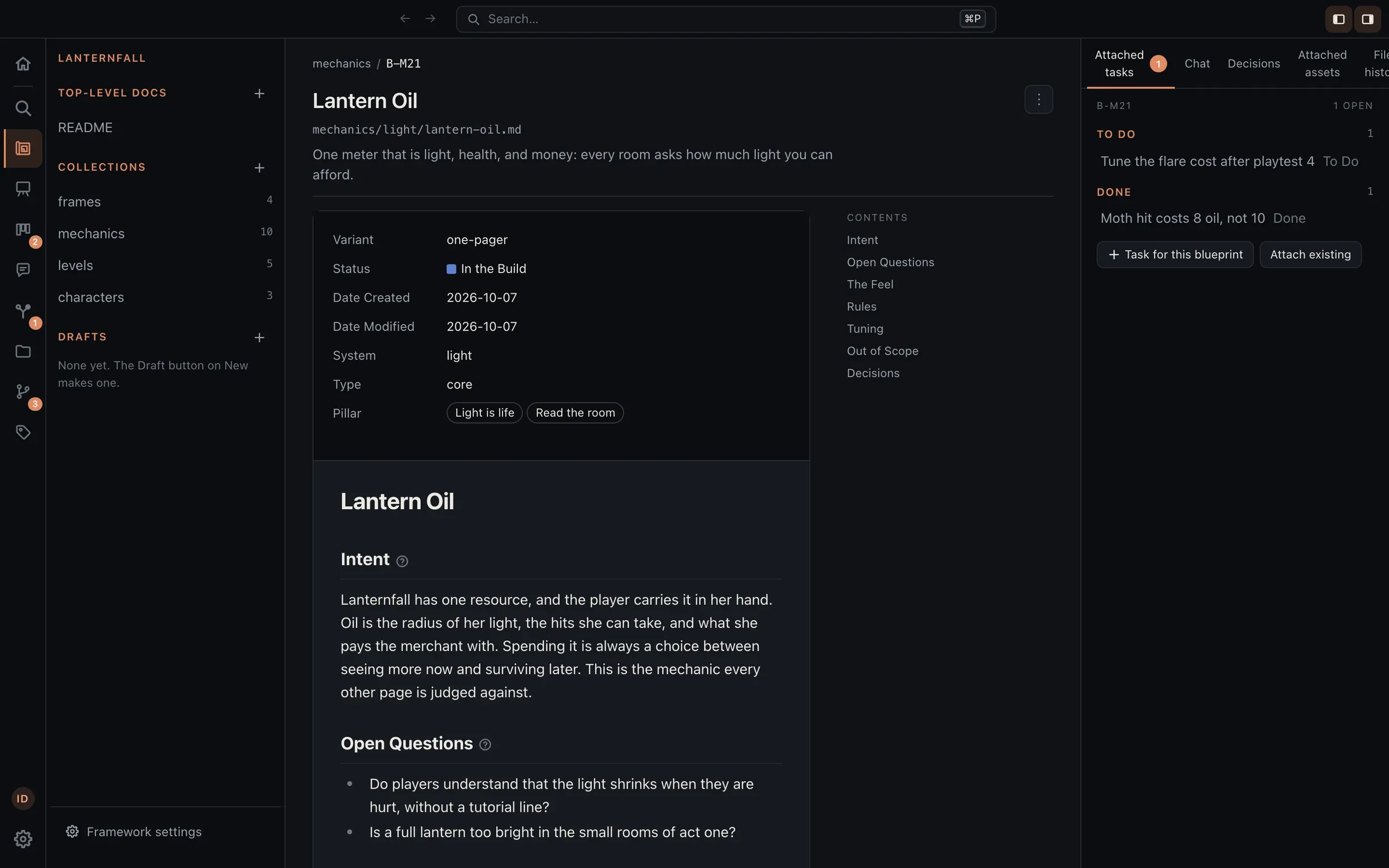 A página de uma mecânica de um jogo de demonstração, Lanternfall, aberta no Eidos: Lantern Oil, já na build, do sistema de luz, servindo a dois pilares, com a sua intenção e as perguntas em aberto, e as tarefas de playtest ligadas a ela ao lado da página.