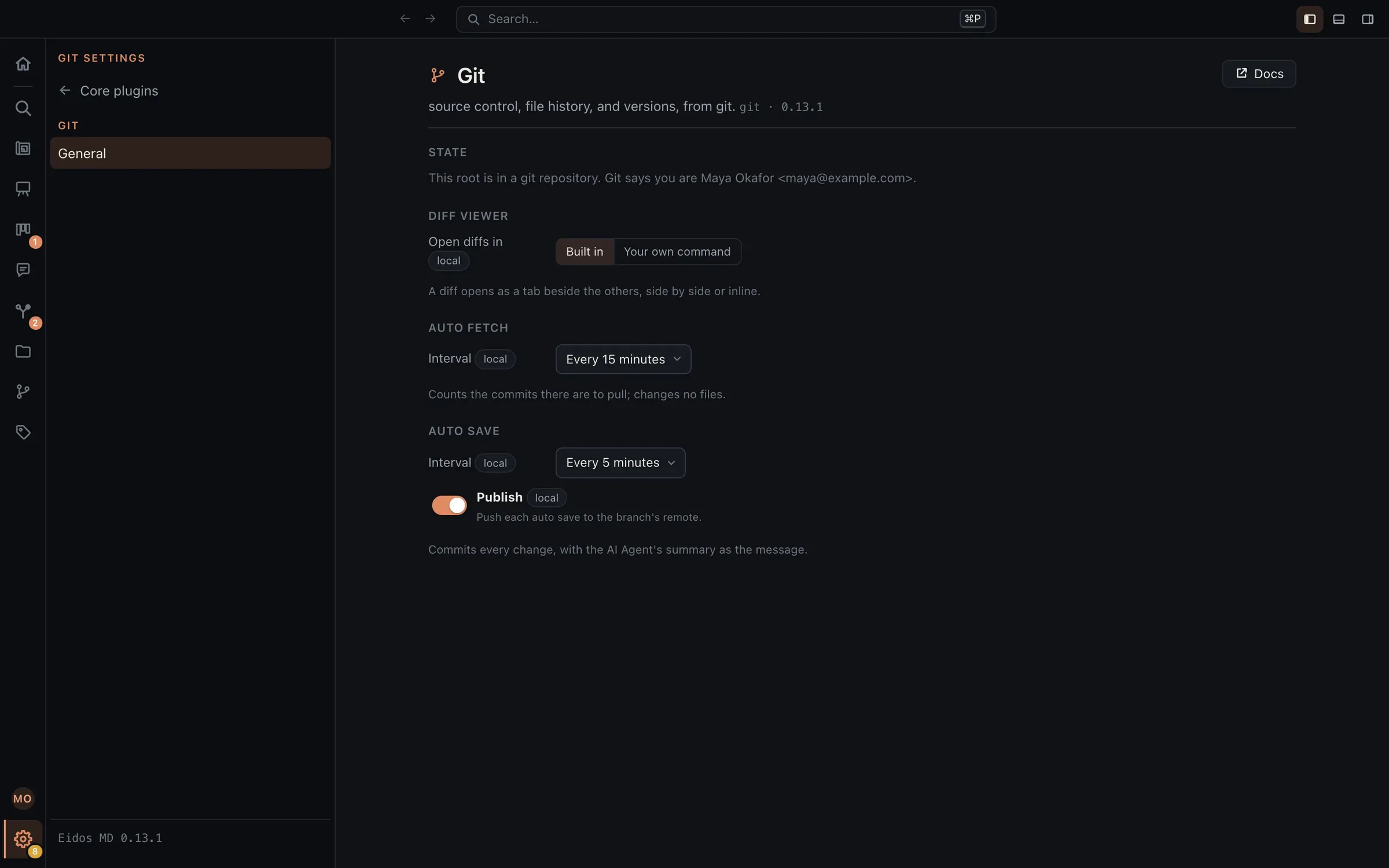 La página de ajustes de Git: el visor de diferencias integrado elegido, recuperación automática cada 15 minutos y guardado automático cada 5 minutos con Publish activado.