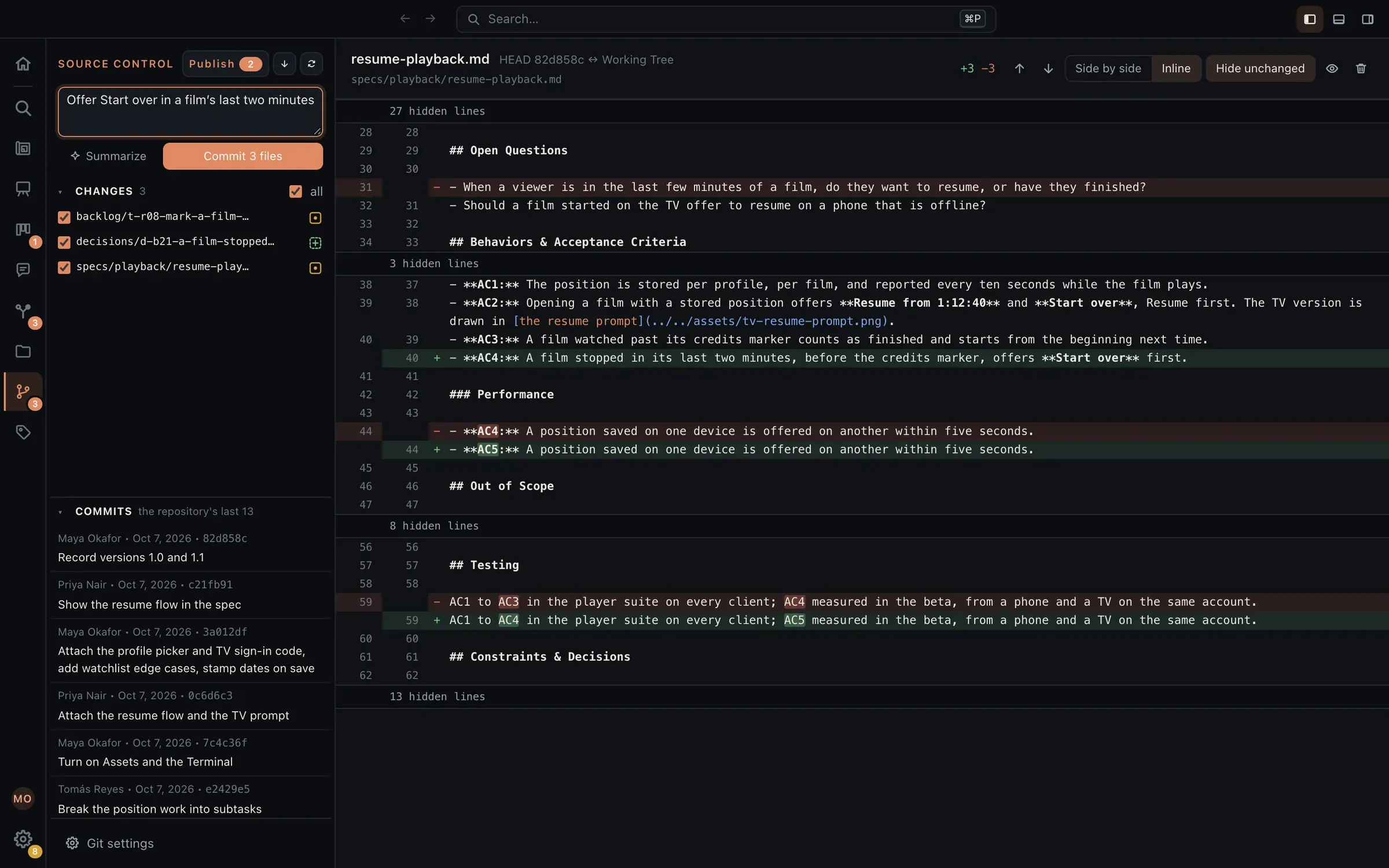 Source control en Eidos: tres archivos cambiados y marcados, un cuadro para el mensaje de commit con Commit y Summarize, Publish con el número de commits que el remoto no ha visto, los commits recientes debajo, y los cambios de un Blueprint abiertos al lado como un diff con las líneas añadidas marcadas.