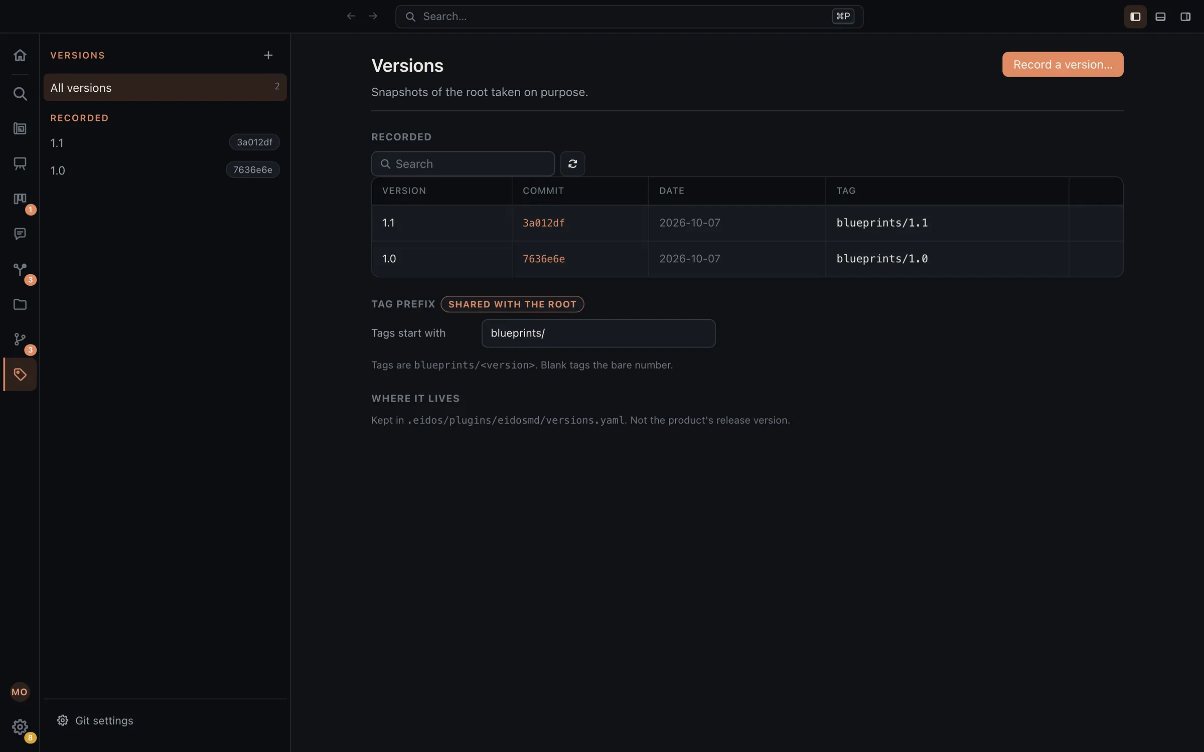 La página Versions: las versiones 1.0 y 1.1, cada una con su commit, la fecha del commit y su etiqueta, y el prefijo con el que empieza cada etiqueta.