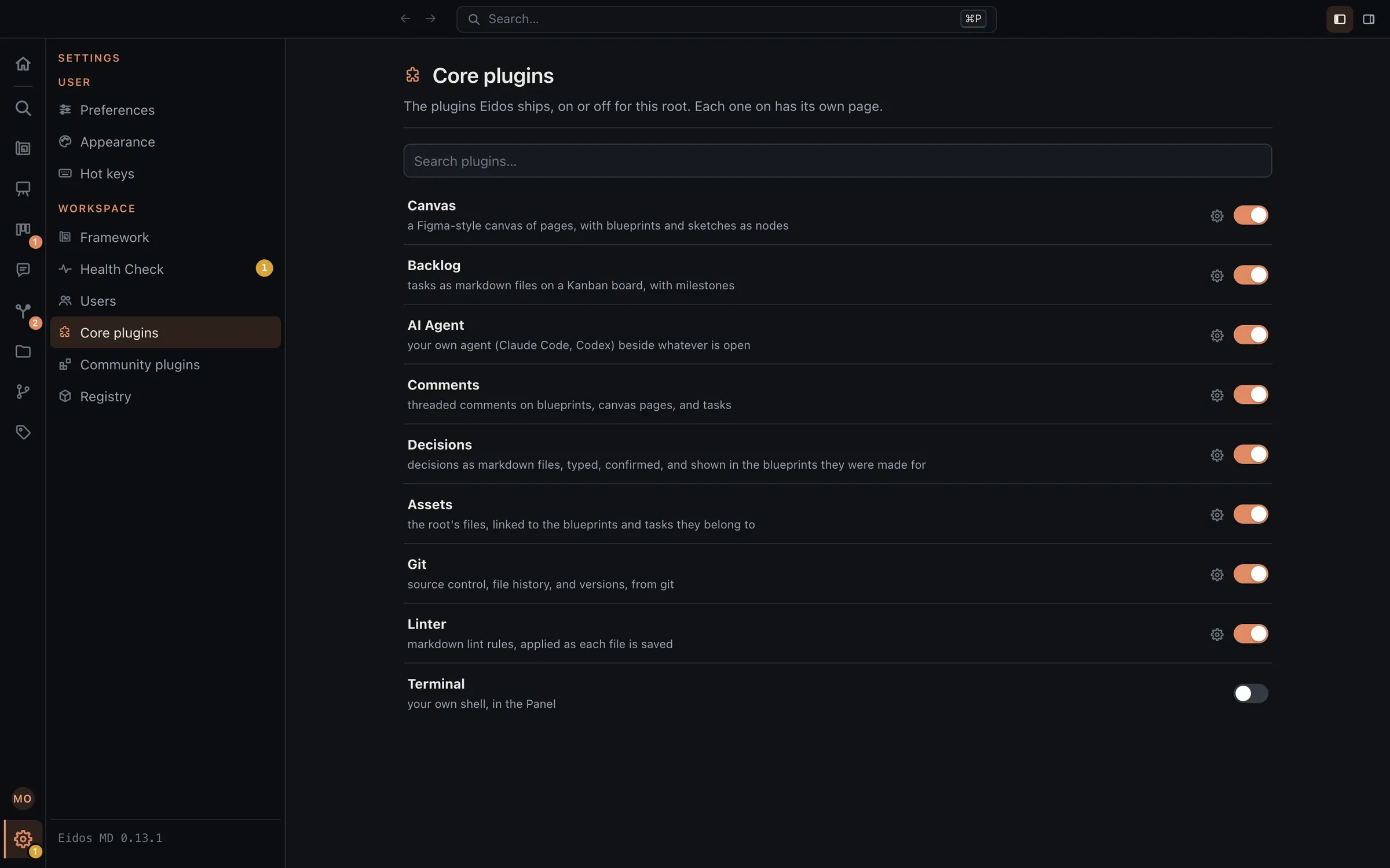 The Eidos plugin settings: Canvas, Backlog, AI Agent, Comments, Decisions, Assets, Git, and Linter switched on, and the Terminal off, each with a line on what it does.