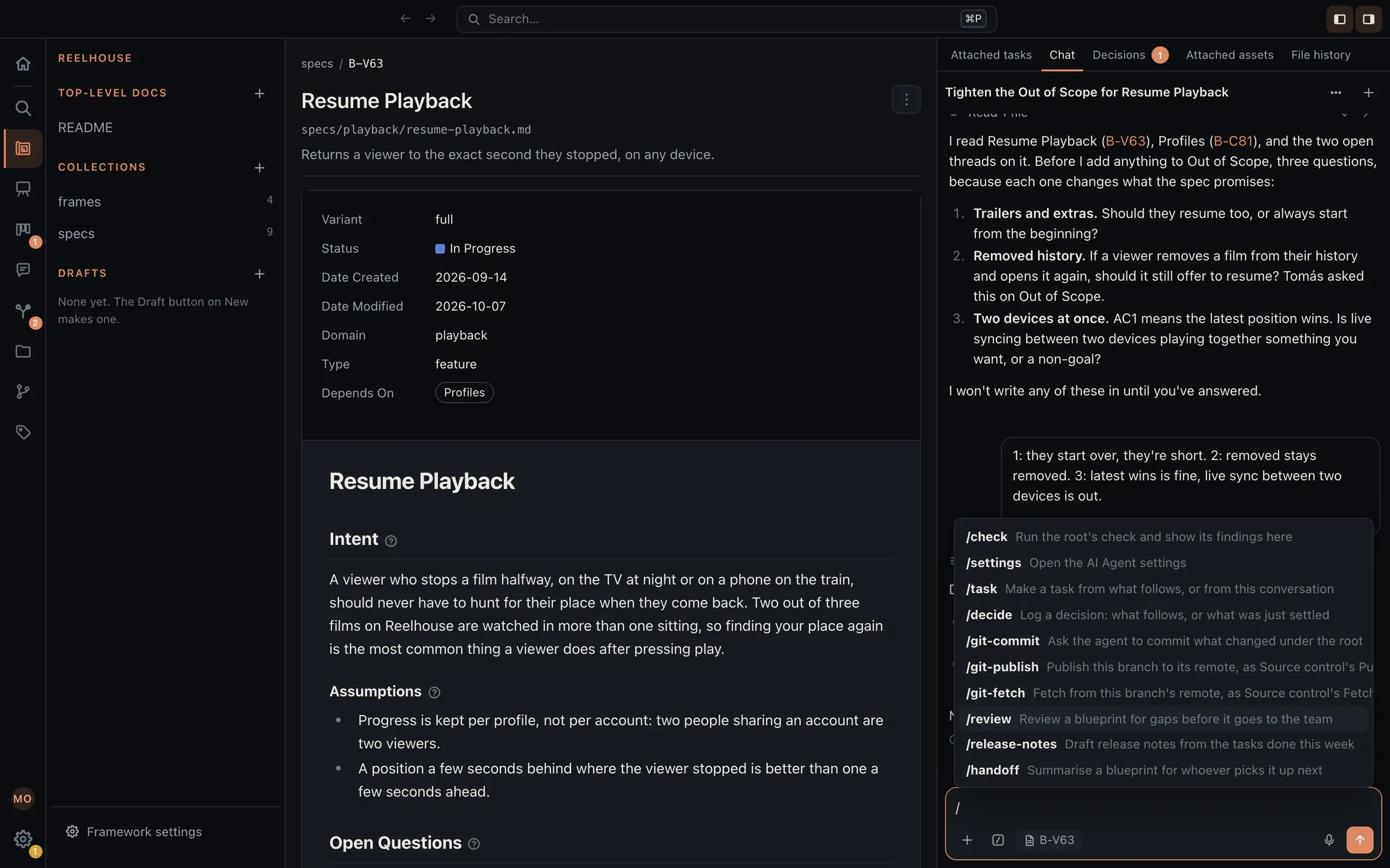 The AI Agent beside a blueprint with its slash command menu open: built-in commands such as /check, /task, and /decide, the Git plugin’s /git-commit, /git-publish, and /git-fetch, and three commands the team added, /review, /release-notes, and /handoff.
