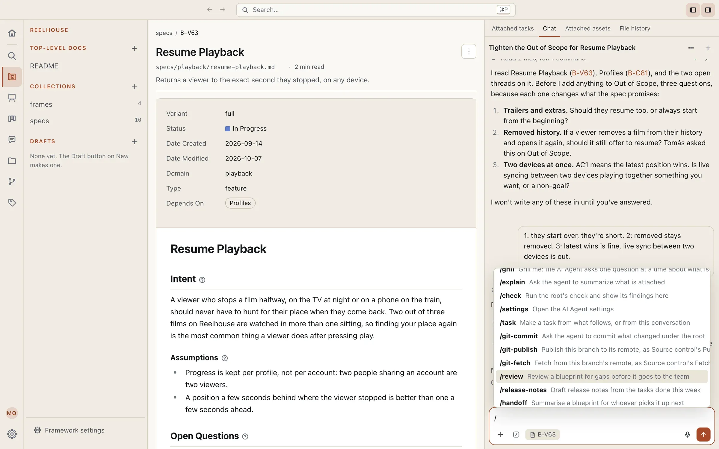 The AI Agent beside a blueprint, its slash command menu open: built-in commands such as /check and /task, the Git plugin’s /git-commit, and three custom commands the team added, /review, /release-notes, and /handoff.