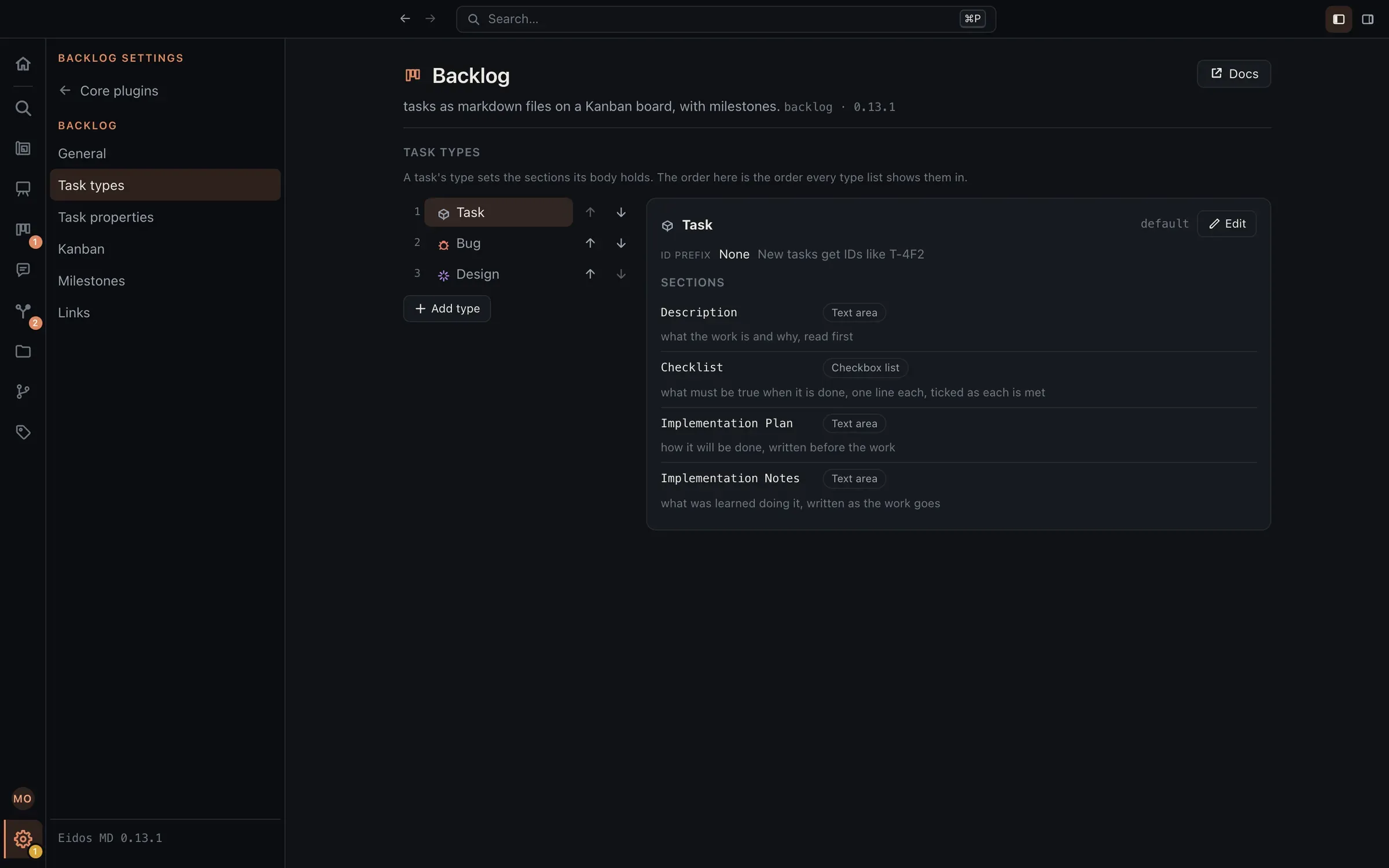 The Task types settings: Task, Bug, and Design, each with an icon, and the sections the Task type holds: Description, Checklist, Implementation Plan, and Implementation Notes.