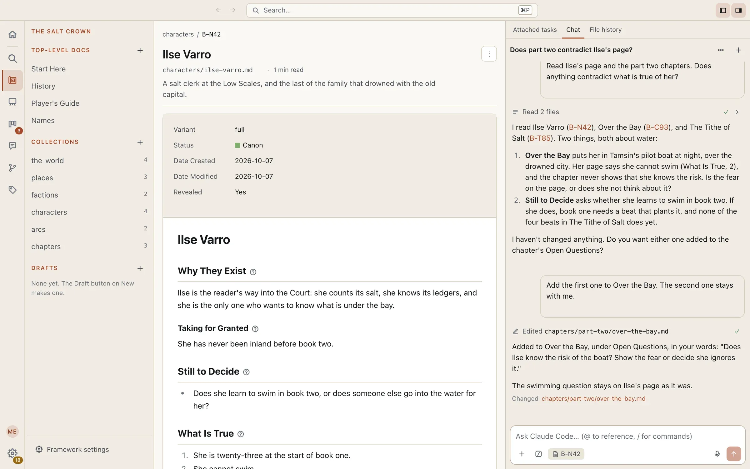 Eidos open on a fantasy series bible. The character page for Ilse Varro is in the middle, the collections (places, factions, characters, arcs, chapters) are in the sidebar, and the AI Agent beside it points out two places where part two contradicts her page, changing nothing until the author answers.