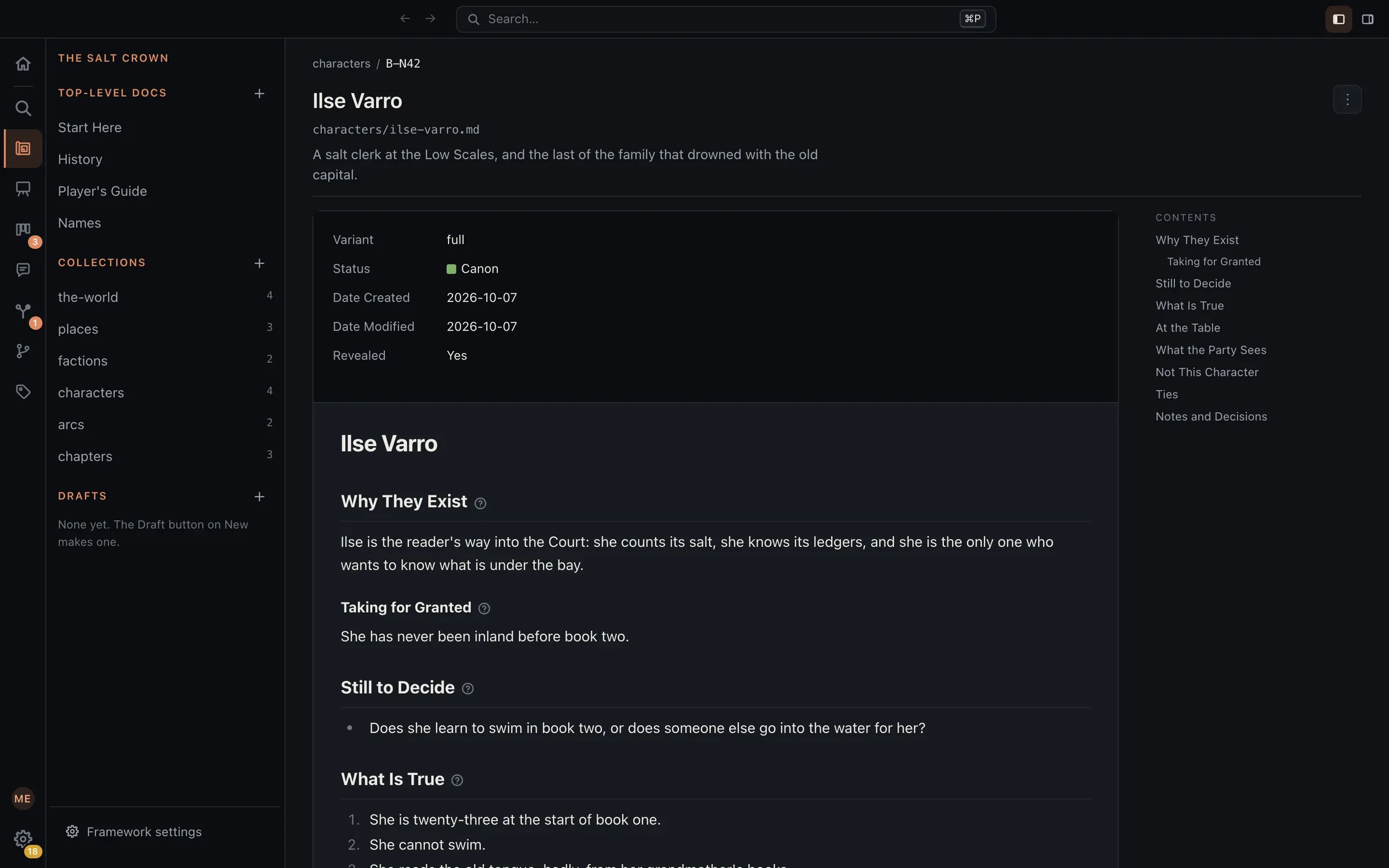 A series bible open in Eidos: the character page for Ilse Varro, with her status, why she exists, what is still to decide, and what is true of her, and the series’ places, factions, characters, arcs, and chapters in the sidebar.