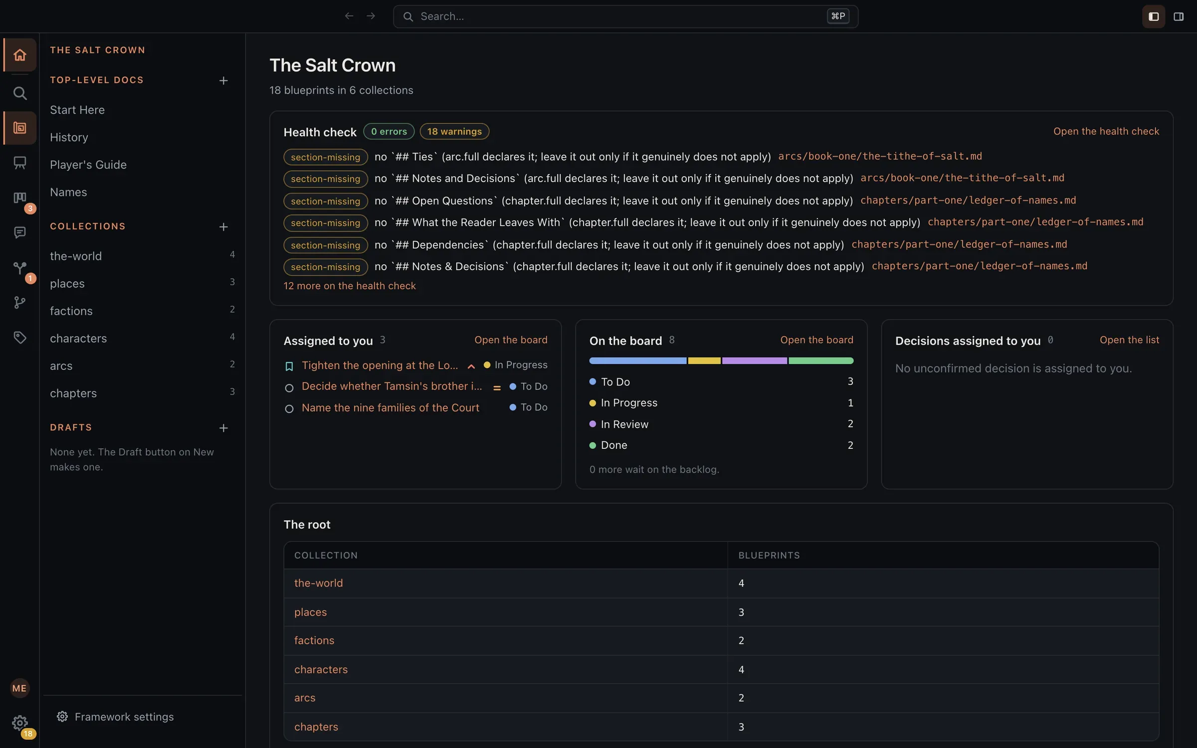 The home page of a series bible: a health check listing the chapters and arcs missing a section, the revision tasks assigned to you, and the board at a glance.